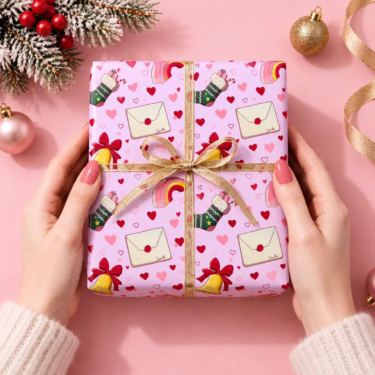 Christmas gift wrapping mockup using Lizy Del Busto seamless Christmas patterns