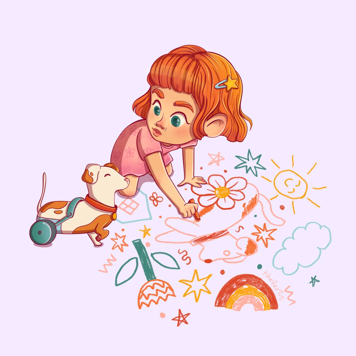 Girl Drawing with Dog Illustration, free illustration by Lizy Del Busto