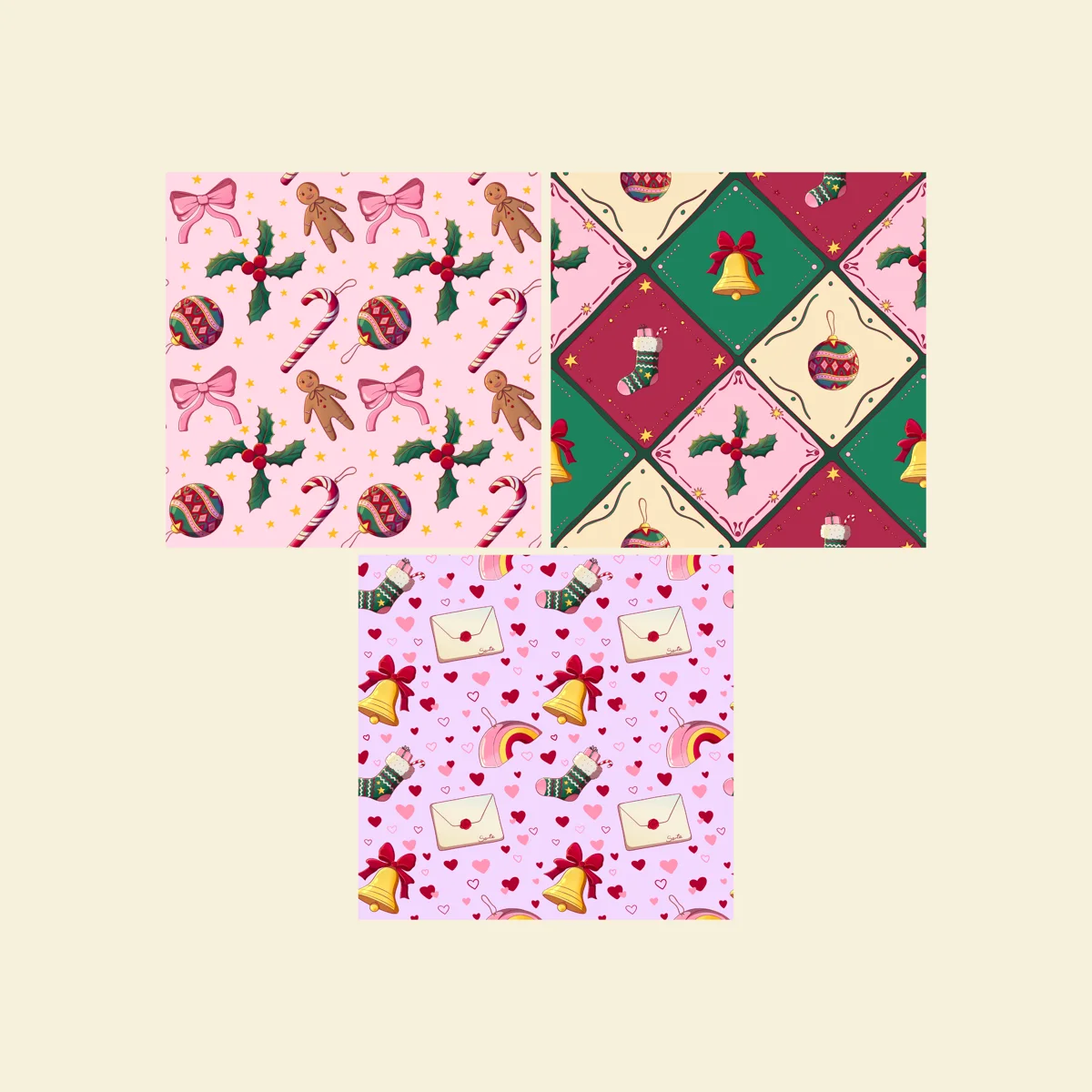 Three seamless Christmas patterns for wrapping paper, packaging and festive stationery