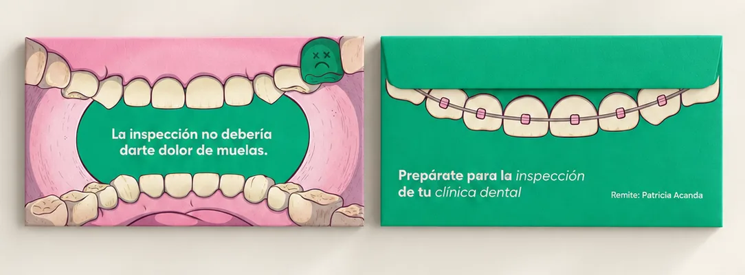 Pink card illustrated as an open mouth with a sad green molar, reading "La inspección no debería darte dolor de muelas", beside the closed green envelope with braced teeth on the flap